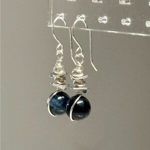 Midnight Blue Tiger Eye Dangle Earrings With Stacked Silver Accents